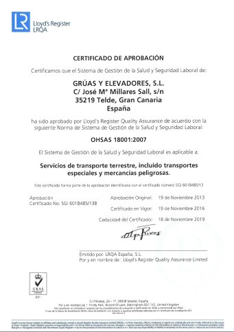 Certificado de Seguridad y Salud Laboral de Grúas y Elevadores